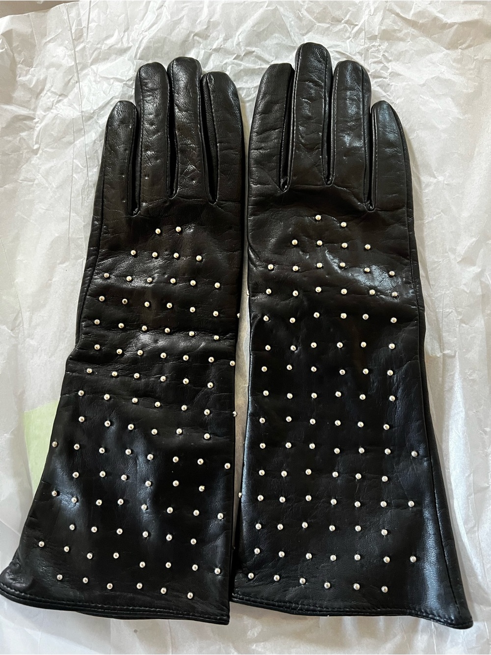 Black, Silver Studded Long Whimsigoth, Mid Forearm Leather Gloves.